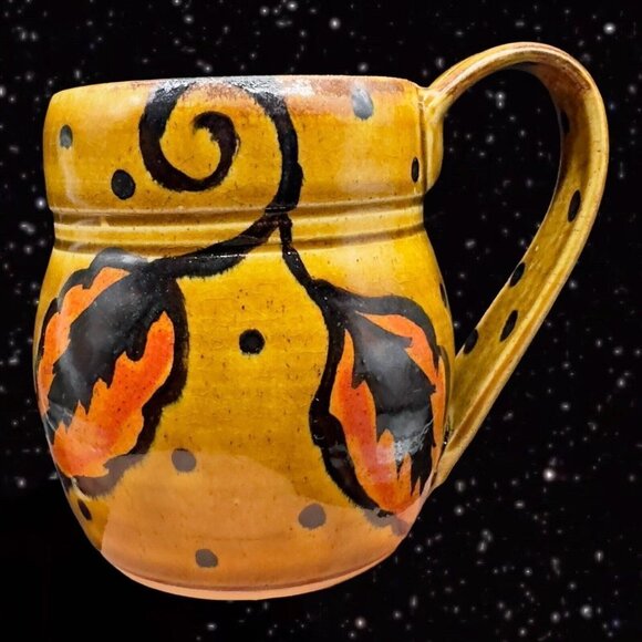Vintage Pottery Coffee Mug Cup Hand Painted Leafs Black Dots Glazed 4”W 3.5”T - Picture 1 of 10